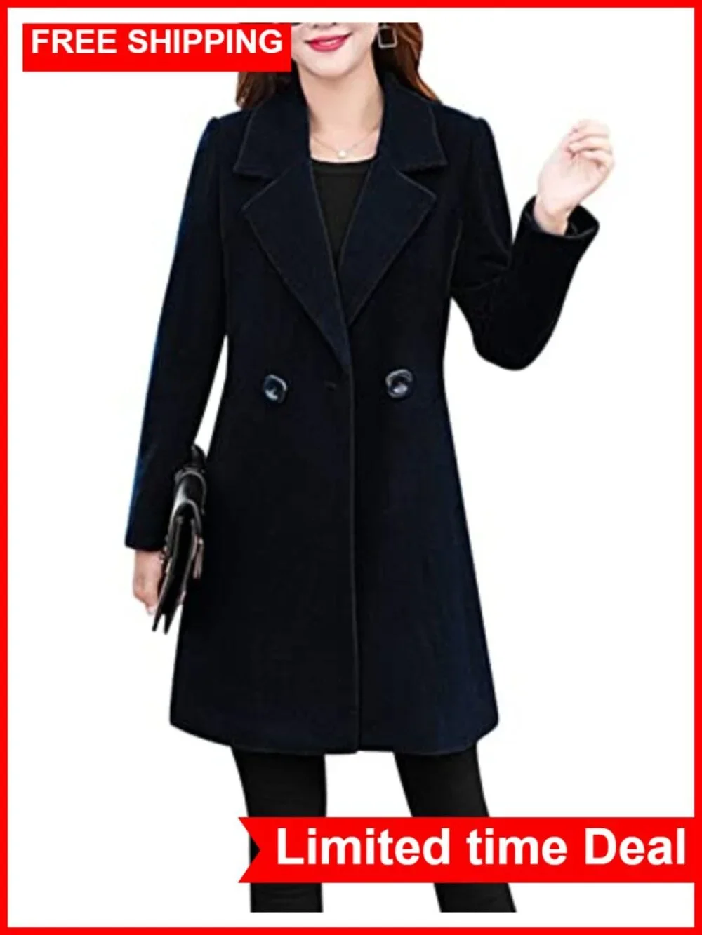 Wool Cotton Blend Pea Coat Long Notch Lapel Double Breasted